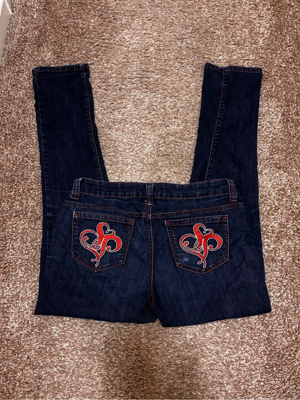 SOUTH POLE Dark Blue Skinny Jeans with Red Embroidered Back Pockets Y2k